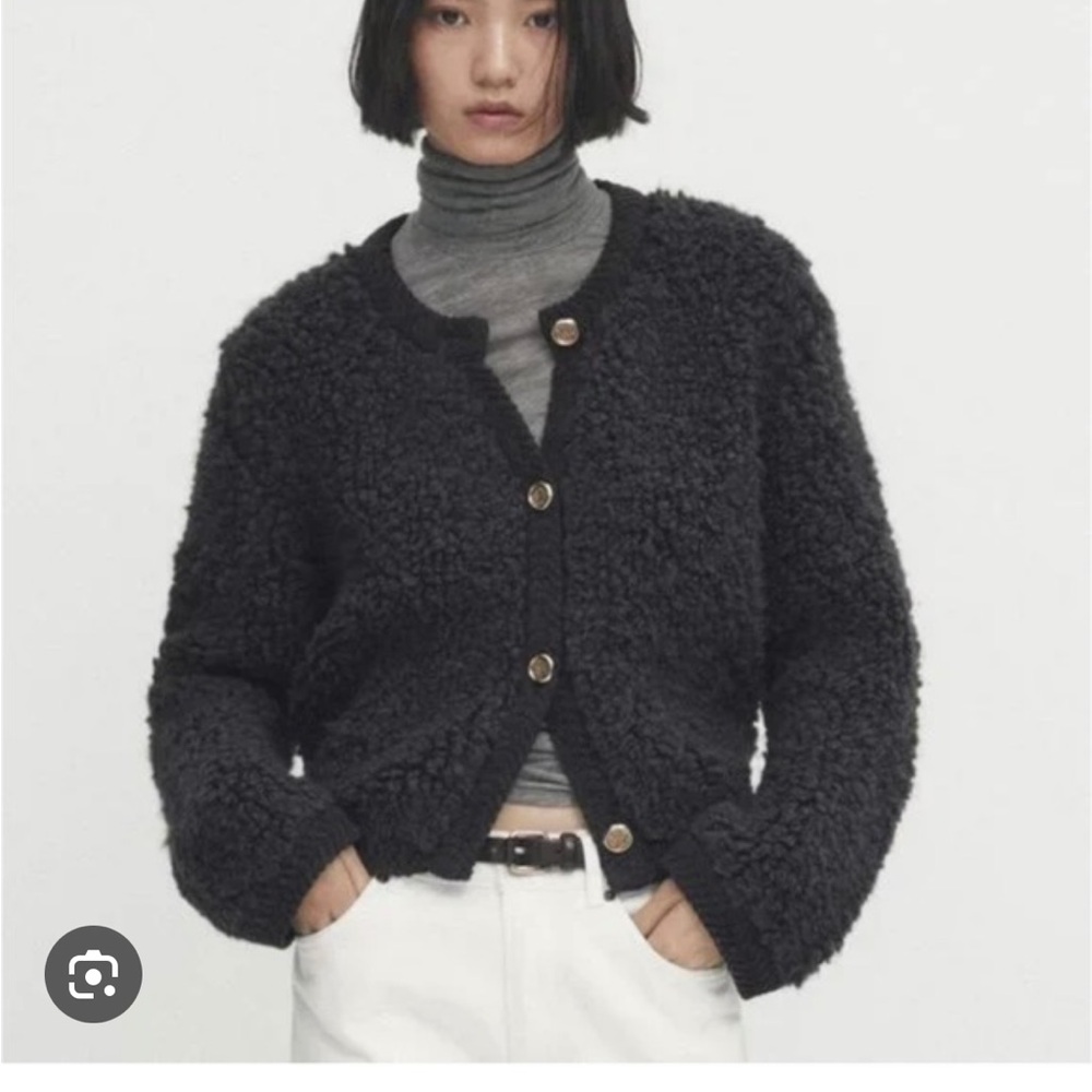 Massimo Dutti Black Textured Cardigan with Gold Buttons